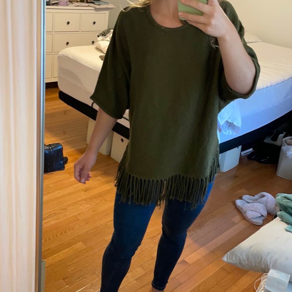 Olive green knit top with fringe